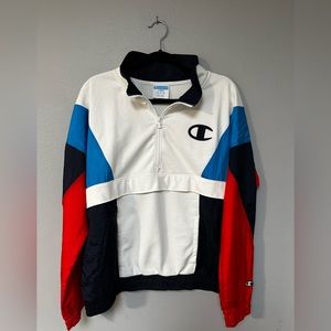 Vintage Champion Pullover Windbreaker Large 1/4 Zip Red White Blue Retro Mens